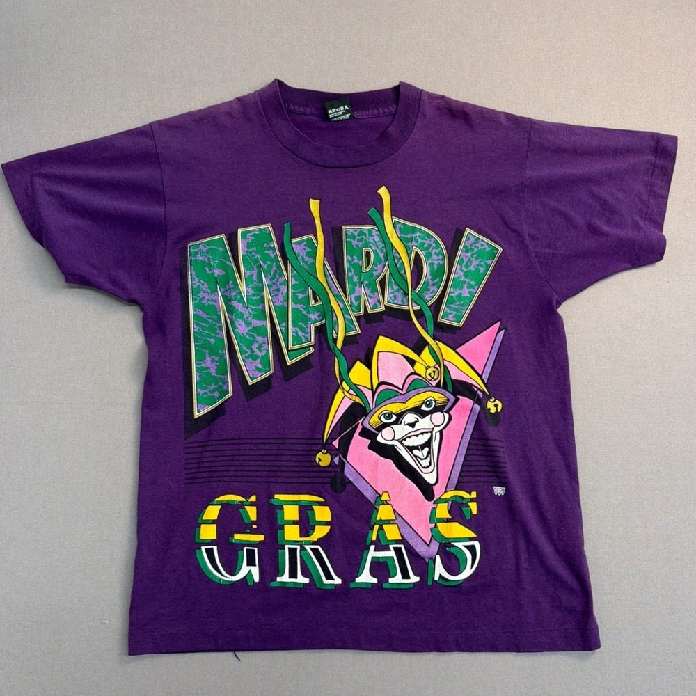 Vintage 90s Mardi Gras Jester T-Shirt Screen Stars Best Purple Men Large L 50/50
